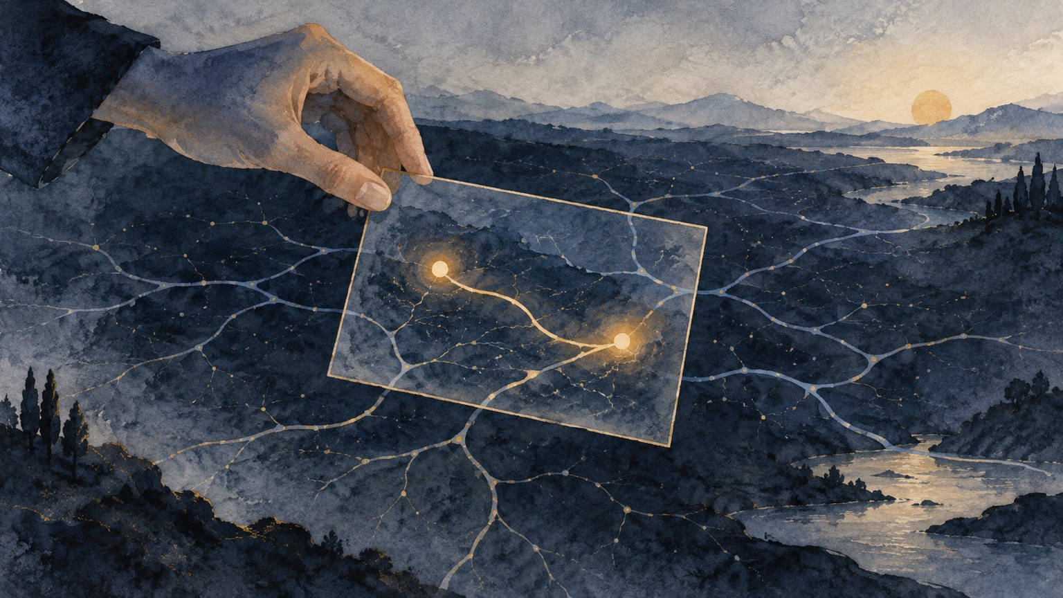 A hand holds an amber frame over a dark watercolor landscape of branching paths, with two warm lights connected inside the frame.