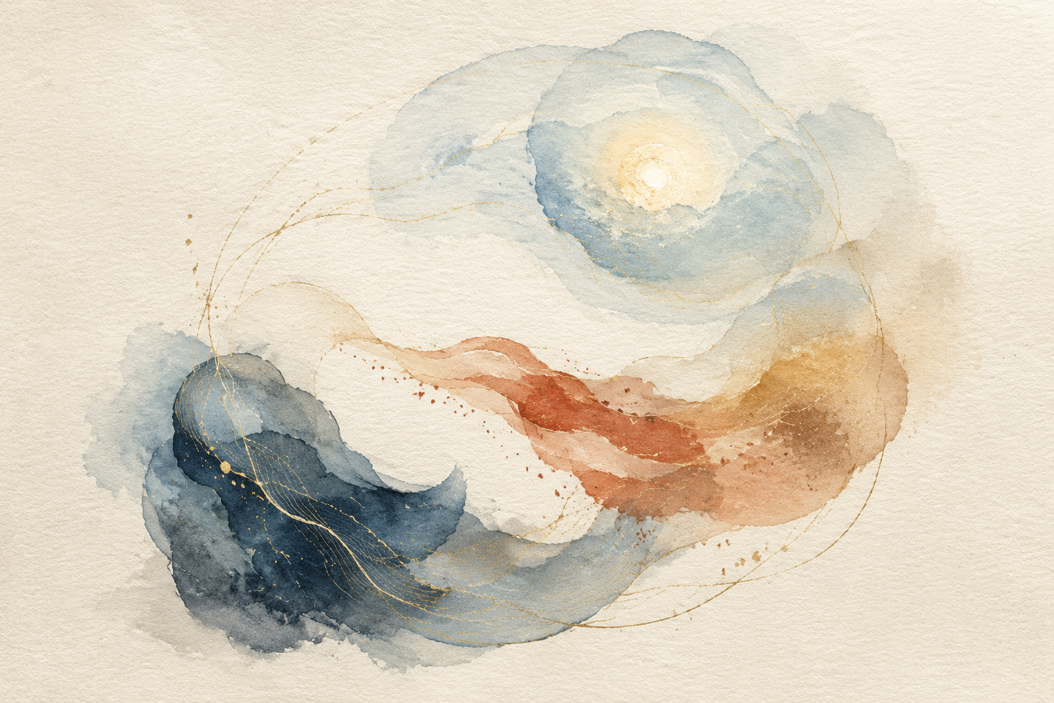 Three interwoven watercolor forms in blue-gray, terracotta, and pale blue circulate around a small warm light, joined by fine gold lines.