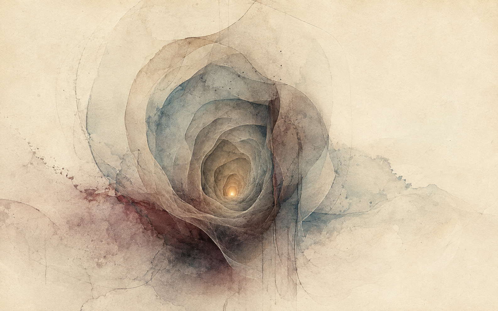 Abstract translucent watercolor layers curling inward around a warm amber glow, suggesting a simulated world becoming aware of itself.