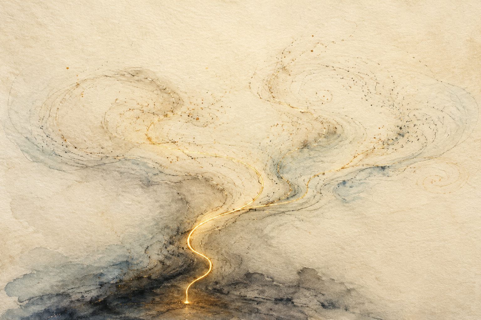 Abstract luminous threads loosen from a tightly guided path into a self-sustaining branching network, with warm particles gathering into coherent loops that suggest compute becoming accumulated judgment.